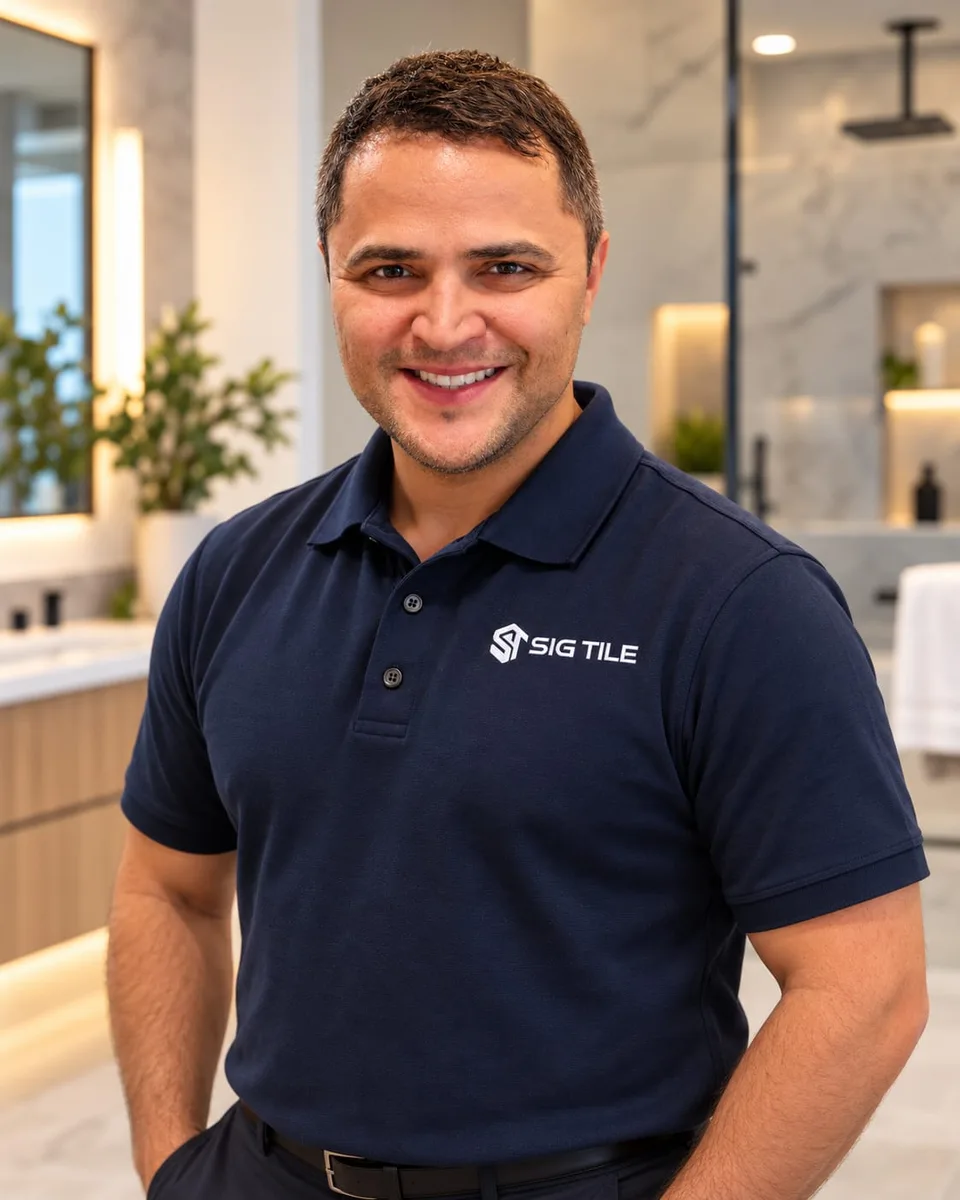 Renan, owner of SIG Tile, wearing a navy SIG Tile polo